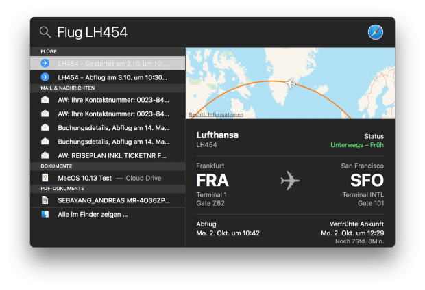 Nach einigen Tagen aktivierte Apple die neue Spotlight-Funktion für Flüge. (Screenshot: Golem.de)